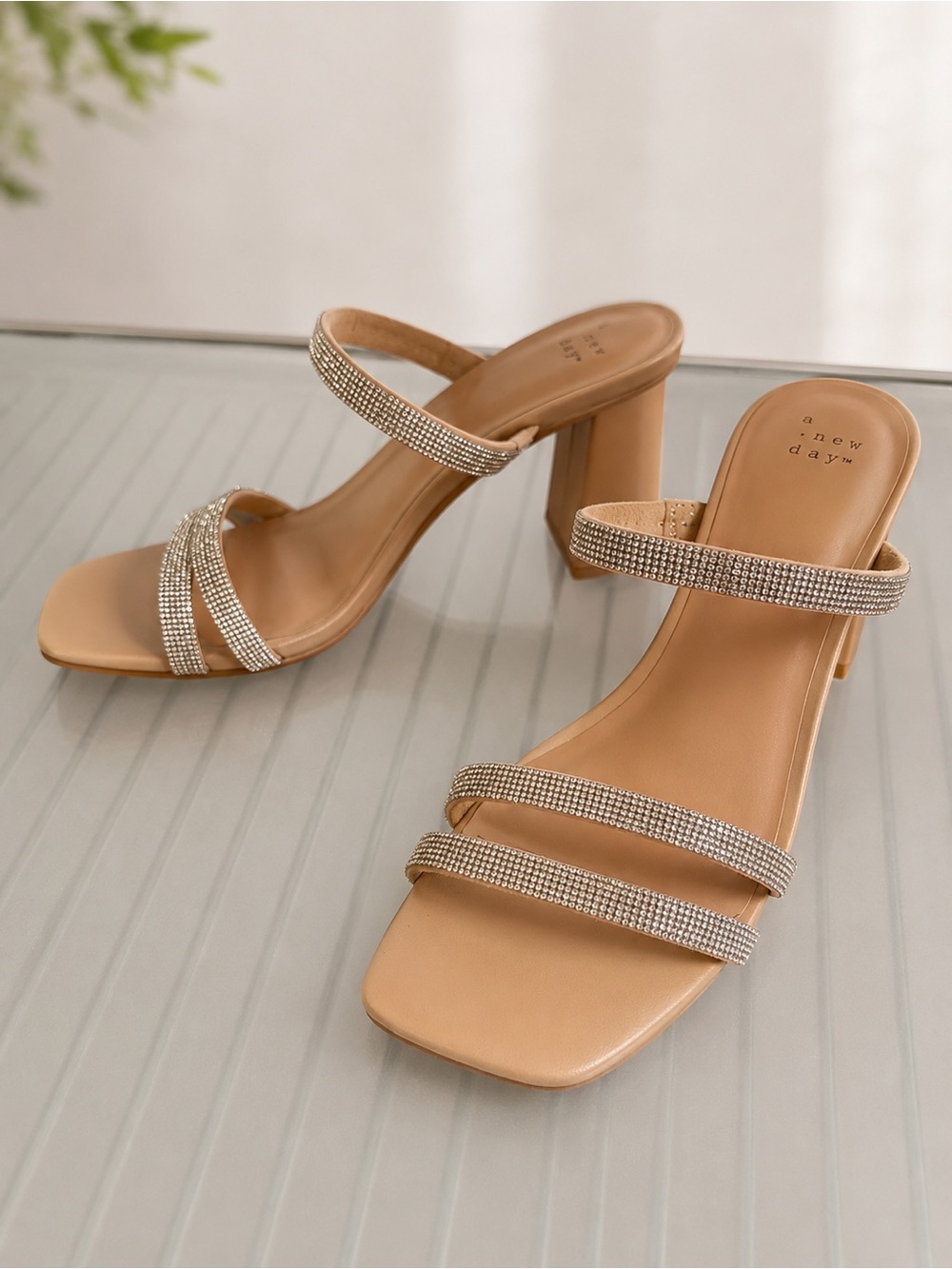 a new day Tan Rhinestone Triple Strap Block Heel Sandals